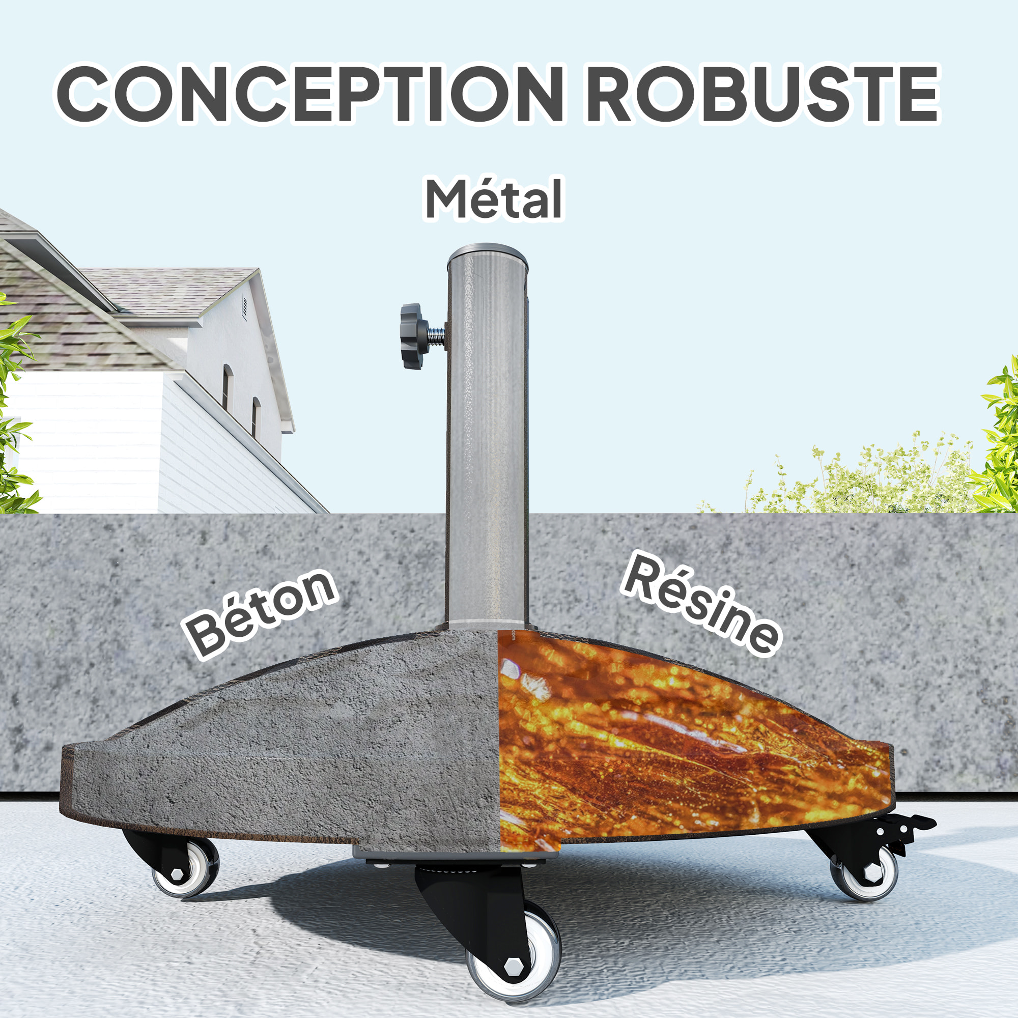 Pied de parasol résine 21 Kg mobile compatible mât dia. 32/38/48 mm