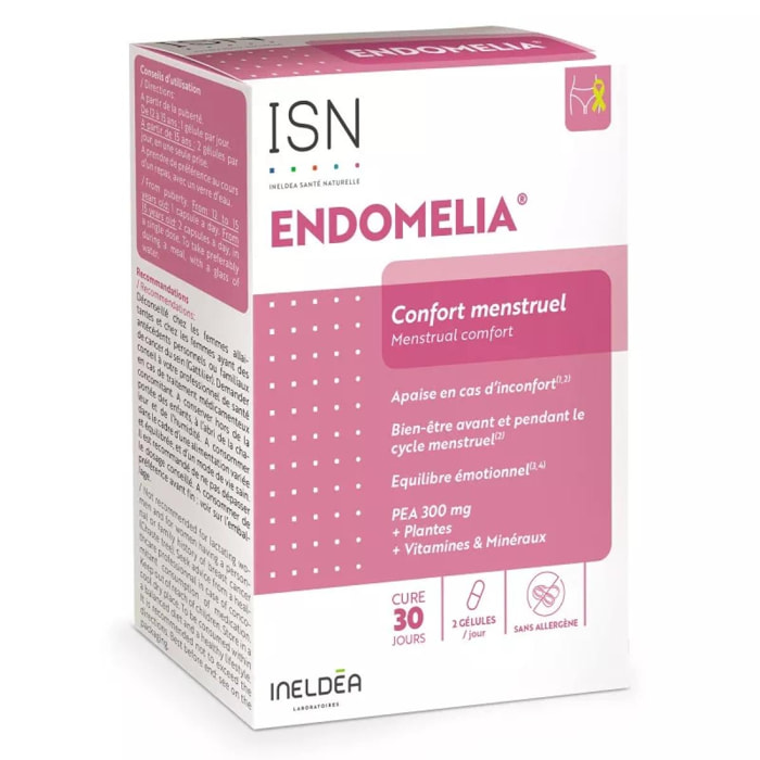 INELDEA SANTE NATURELLE - Endomelia - Complément alimentaire à base de PEA, NAC, Resvératrol, Plantes, Vitamines & Minéraux - Favorise le confort menstruel - Cure 30j