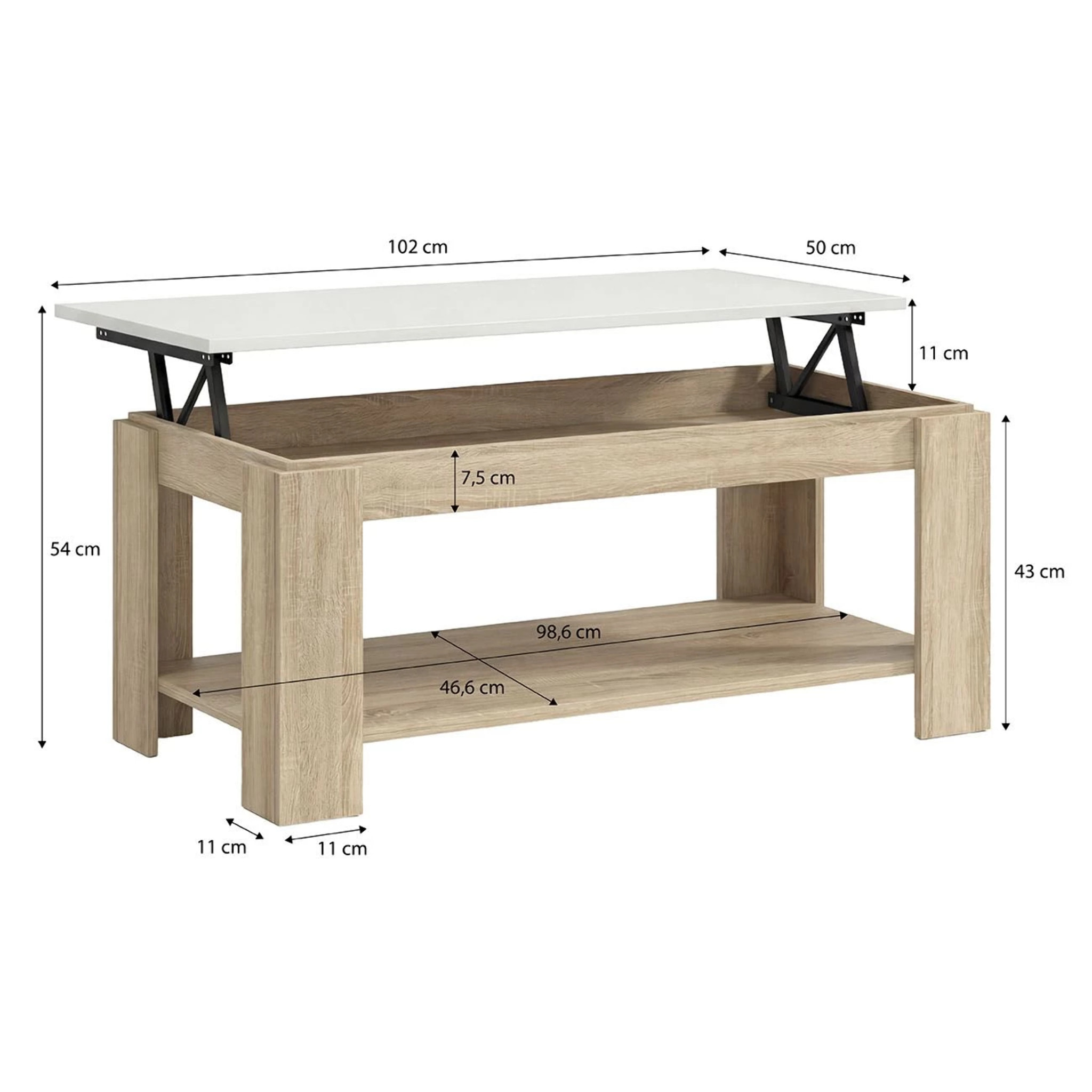 Mesa de centro elevable con almacenaje en roble canadian y blanco artik 102x43-54 cm Lya Roble Canadian - Blanco Artik (Blanco Mate)