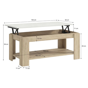 Mesa de centro elevable con almacenaje en roble canadian y blanco artik 102x43-54 cm Lya Roble Canadian - Blanco Artik (Blanco Mate)