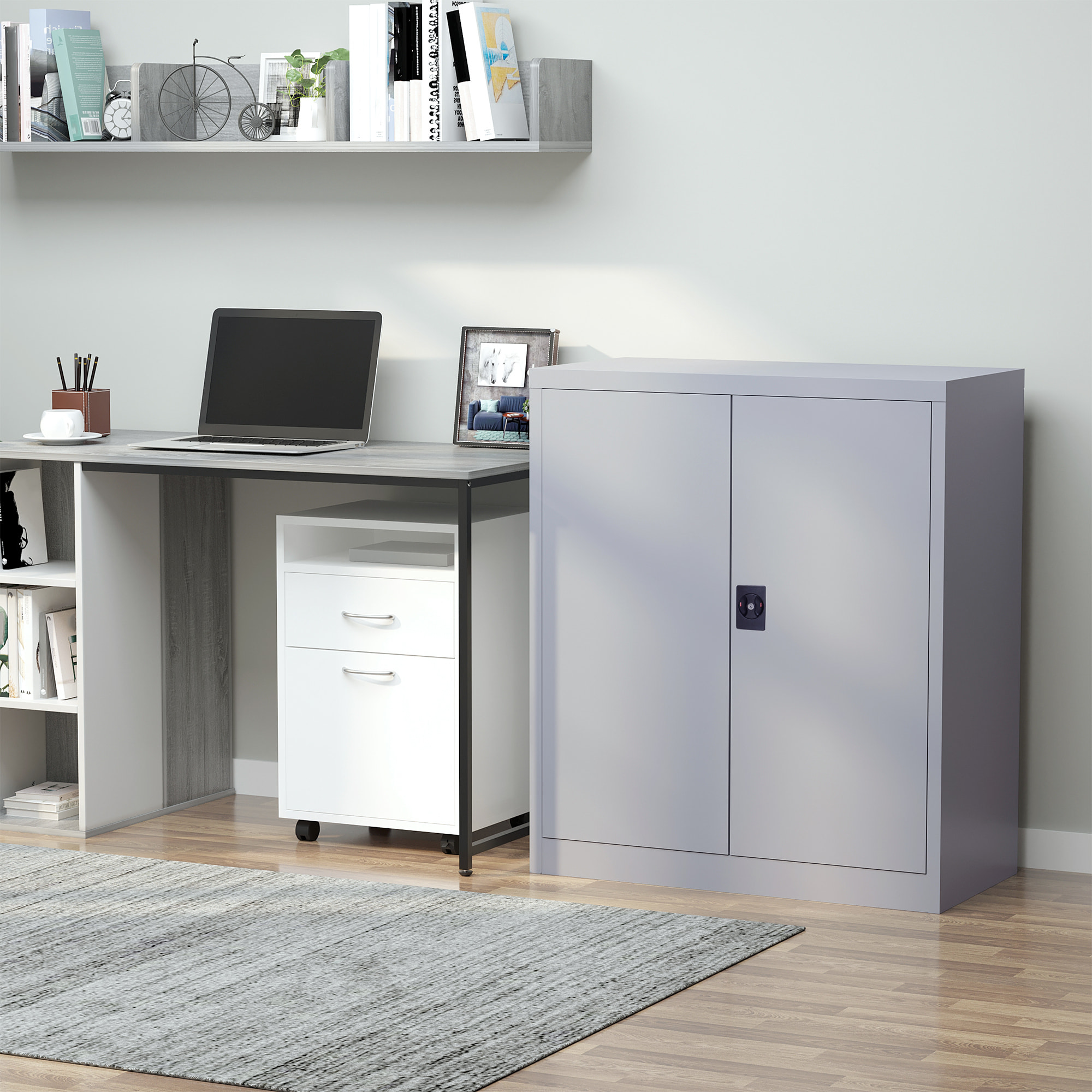Armoire de bureau métal verrouillable 2 portes étagère gris