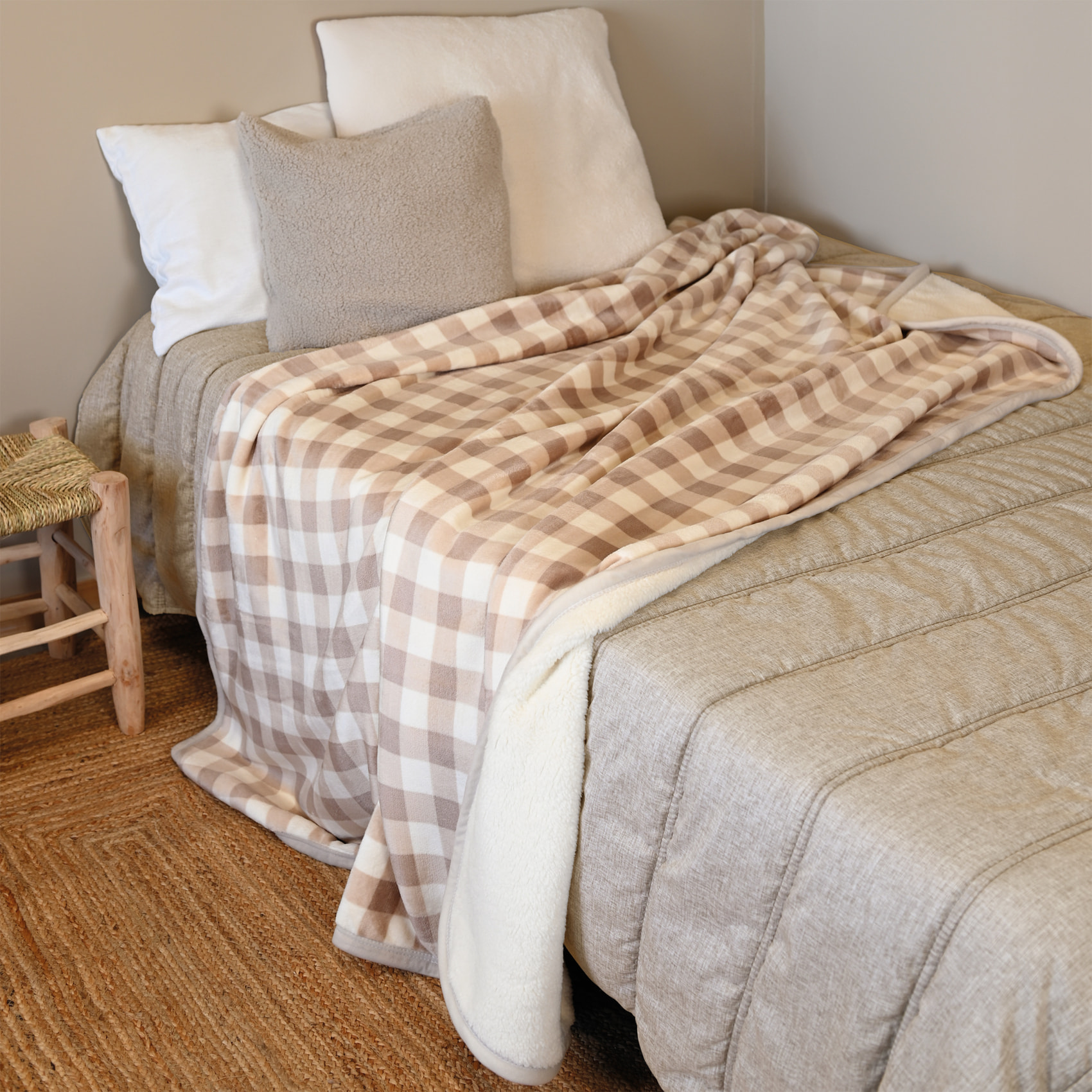 Jeté de canapé et lit motif vichy en polaire - Lin