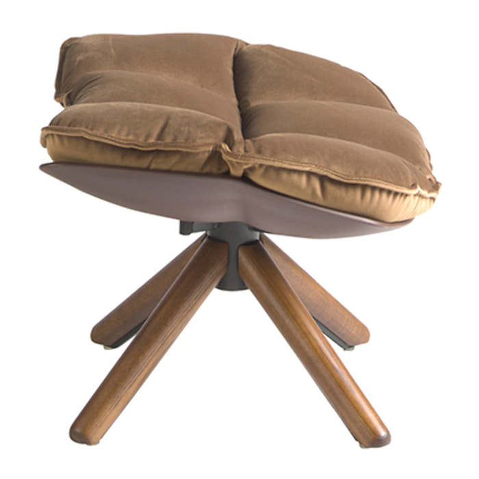Ottoman tapizado en tela aterciopelada en marrón con estructura de patas de madera en nogal 69x54x41cm