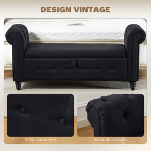 Banquette coffre de rangement 2 en 1 design Chesterfield accoudoirs courbés capitonnés piètement bois noir aspect lin noir