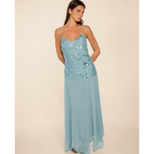 Vestido midi con cuerpo de bordados y gasa