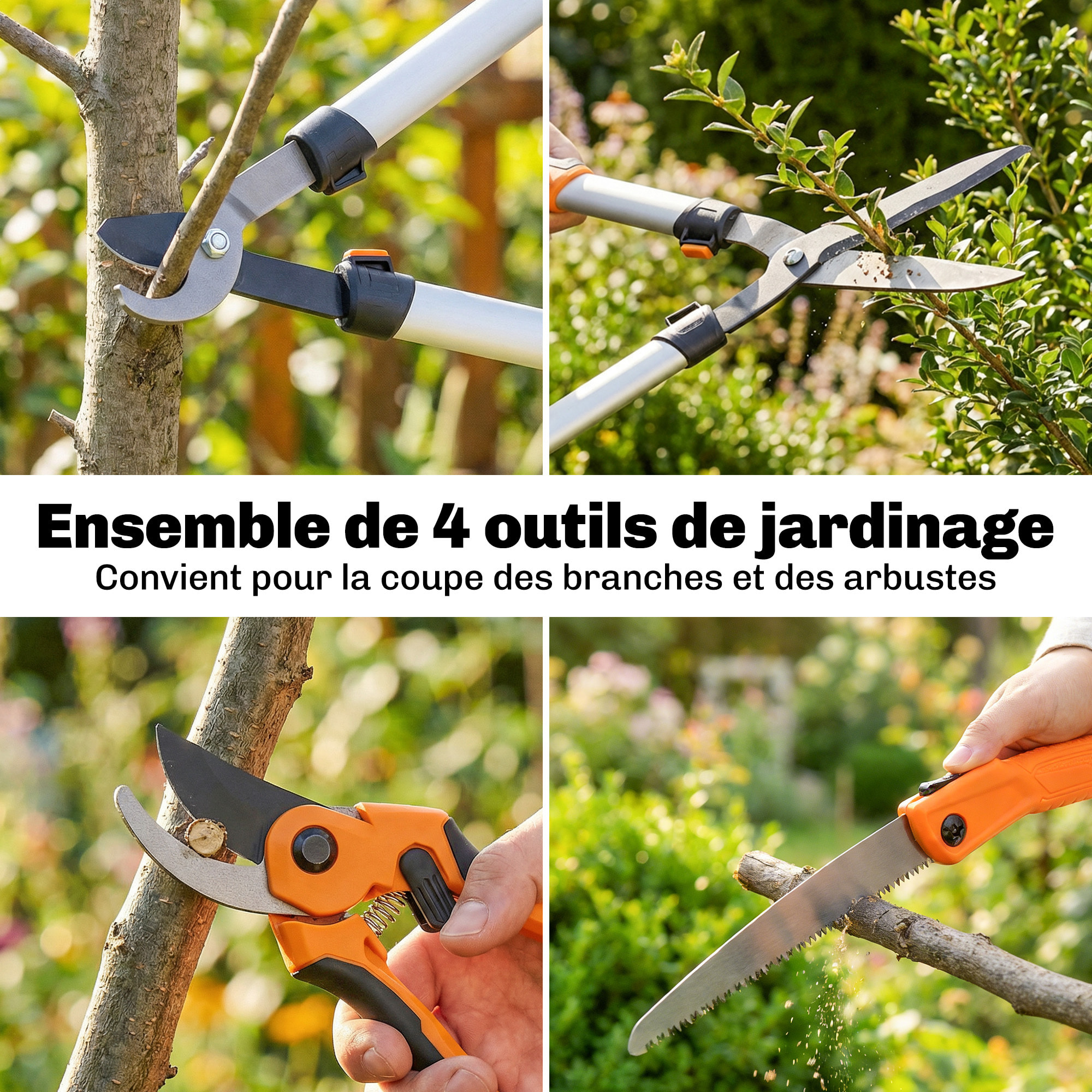 Ensemble 4 pièces taille-haies ébrancheur sécateur scie pliable