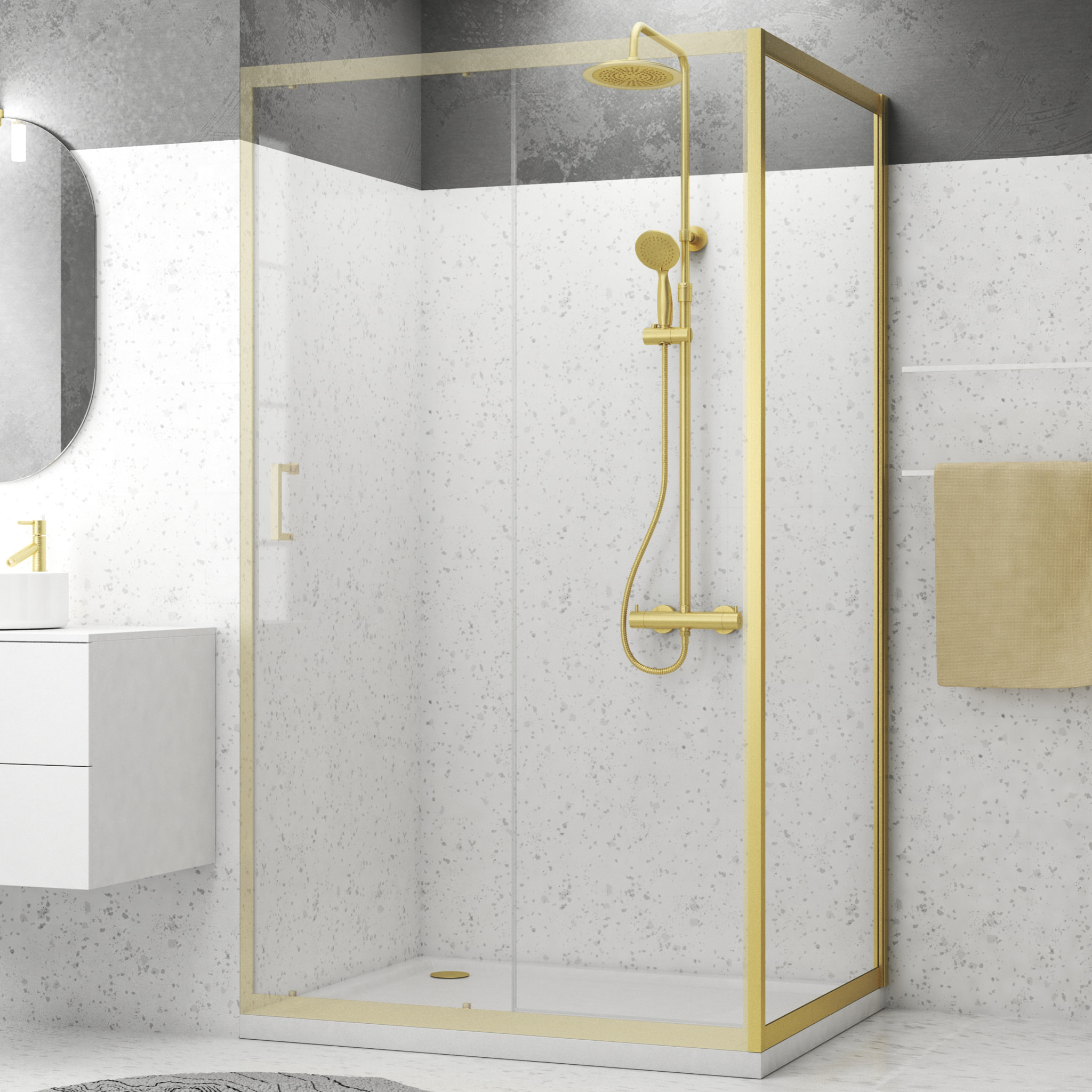 Paroi de retour 80x200cm - Profilés Or Doré Brossé - Verre Trempé 6mm - GOLDY CRUSH