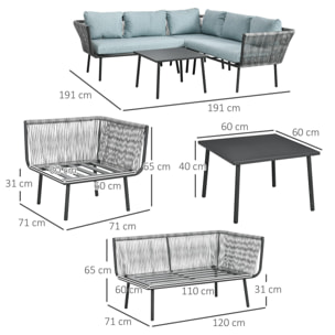 Conjunto de Muebles de Ratán 4 Piezas Set de Muebles de Jardín 2 Sofá de 2 Plazas Sofá de Esquina Mesa de Centro con 6 Cojines Acolchados y Marco de Aluminio para Terraza Patio Gris