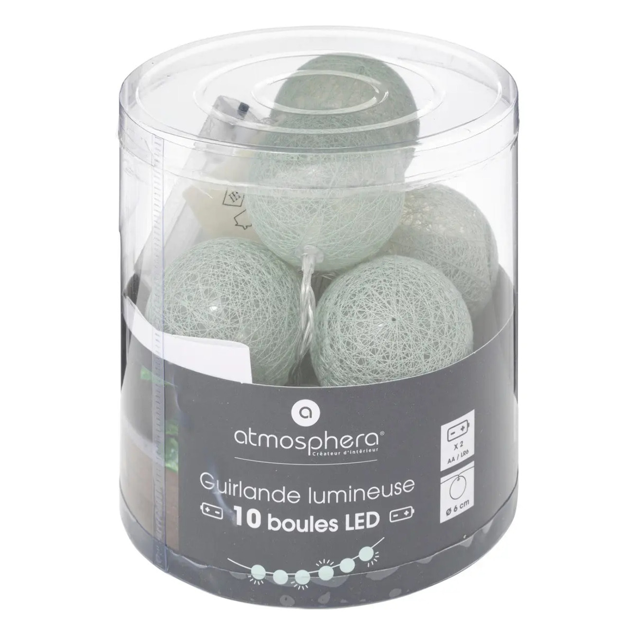 Guirlande LED 10 boules pile vert céladon L165cm