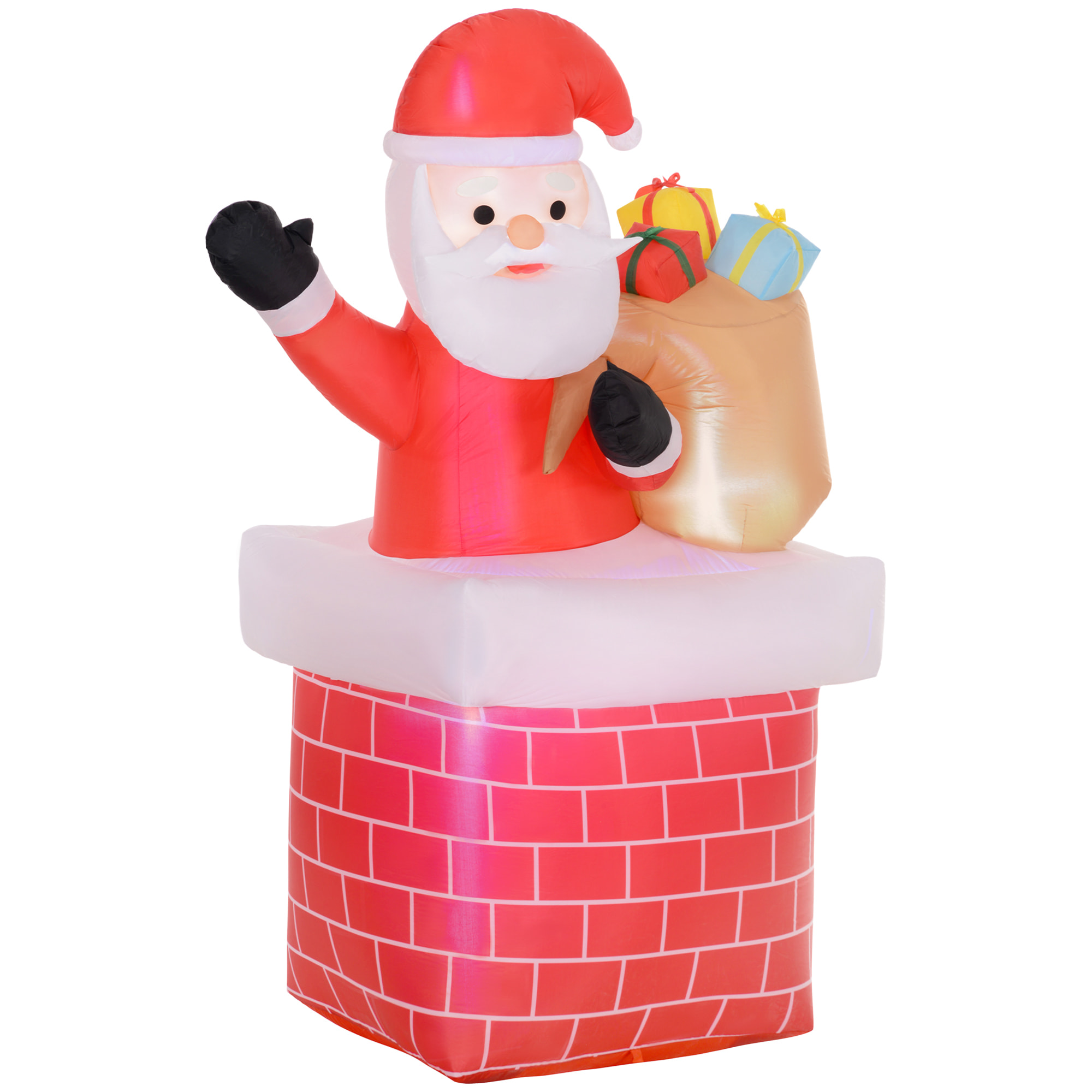 Outsunny Papá Noel Inflable con Bolsa de Regalos Saliendo de una Chimenea Decoración Inflable Navideña con Luces LED para Exterior Rojo