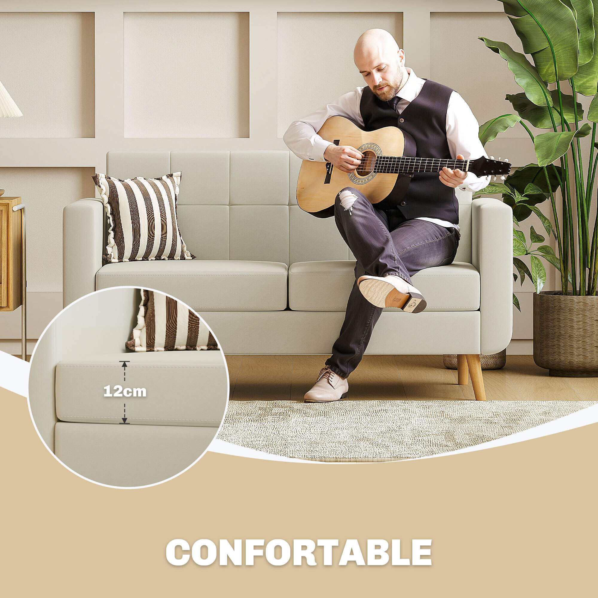 Sofá de 2 Plazas Sofá Tapizado en Lino Sintético Sofá de Salón con Reposabrazos y Patas de Madera Sofá Pequeño Carga 250 kg para Dormitorio Oficina Crema