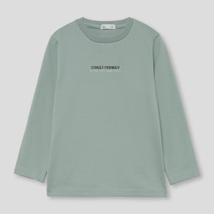 Camiseta niño verde de manga larga, estampado Street Monkey en el pecho, algodón suave y cómodo | Color: Verde medio | Street Monkey