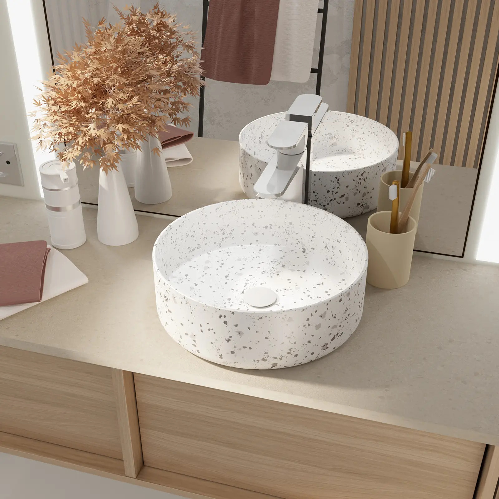 VASQUE TERRAZZO GRIS - Diam 35cm x 12cm - RONDE EN CERAMIQUE BLANC MAT