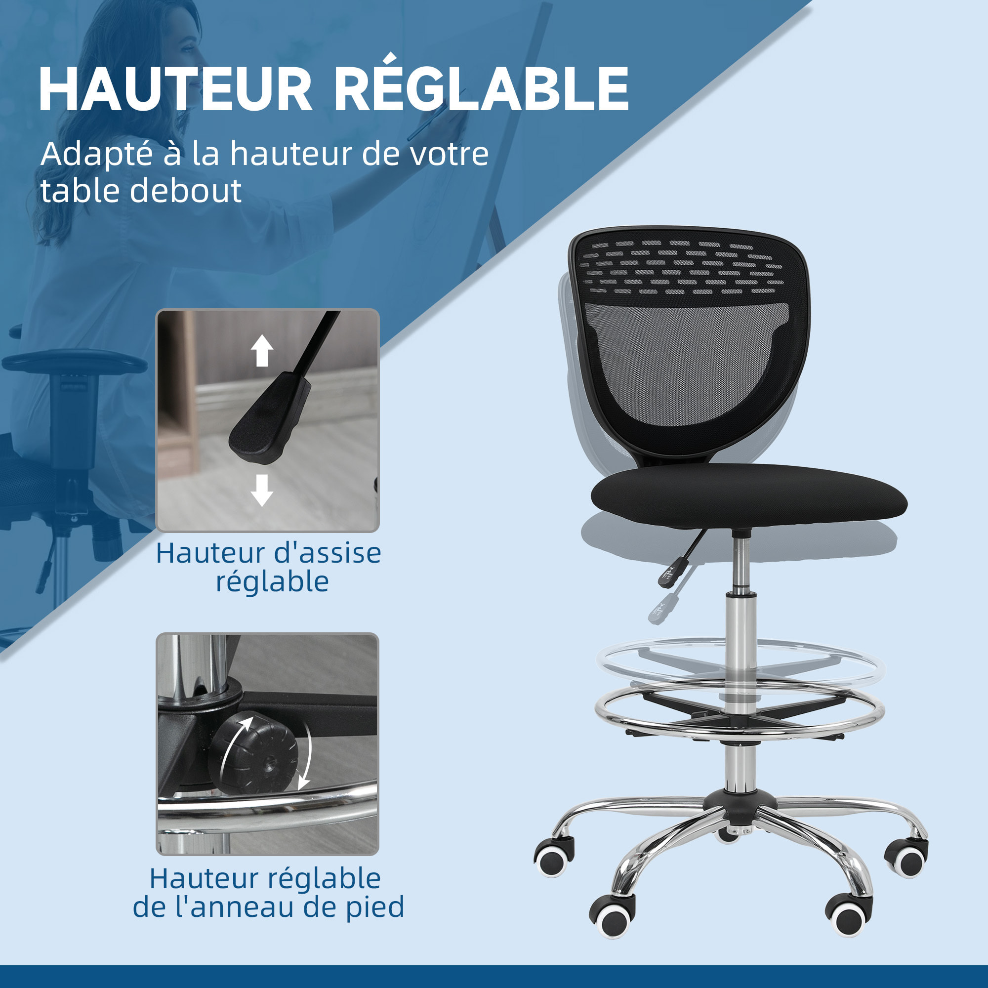 Chaise de bureau haute ergonomique - chaise de travail surélevée - assise haute réglable H.68-88 cm - noir