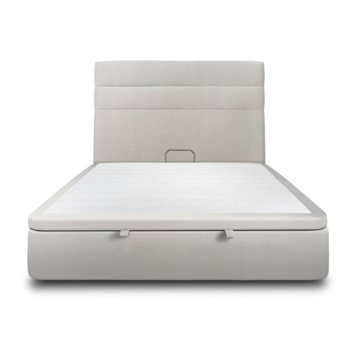 Lit avec sommier et tête de lit à lignes - Tissu velours au style chic - Adapté à tous les matelas, montage rapide - Esprit hôtel - Rangement XXL - Hauteur Totale : 39cm