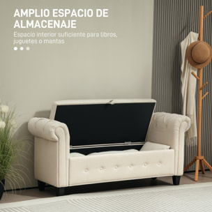 Banco de Almacenamiento Taburete de Almacenaje de Lino con Tapa de Bisagras Patas de Madera y Reposabrazos Enrollados para Dormitorio Salón Pasillo Carga 150 kg 146,5x49x74,5 cm Beige