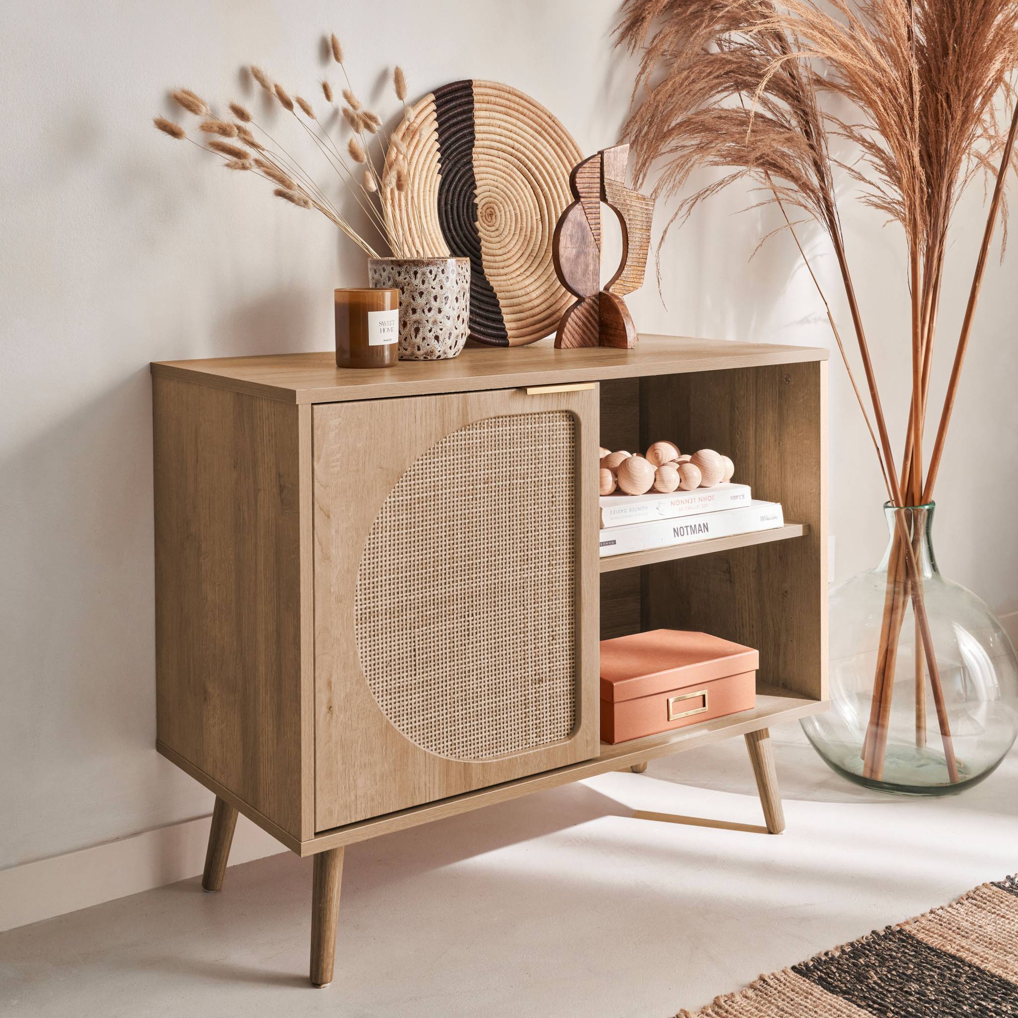 Buffet de rangement décor bois cannage arrondis. Eva. 1 portes réversible. deux niveaux. buffet bas.  L80 x l39 x H65.8cm