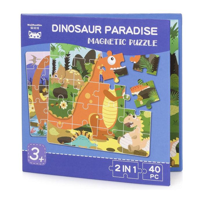 Puzzle design Il paradiso dei dinosauri da 40 pezzi magnetici. Formato a libro, 2 puzzle da 20 pezzi in 1.