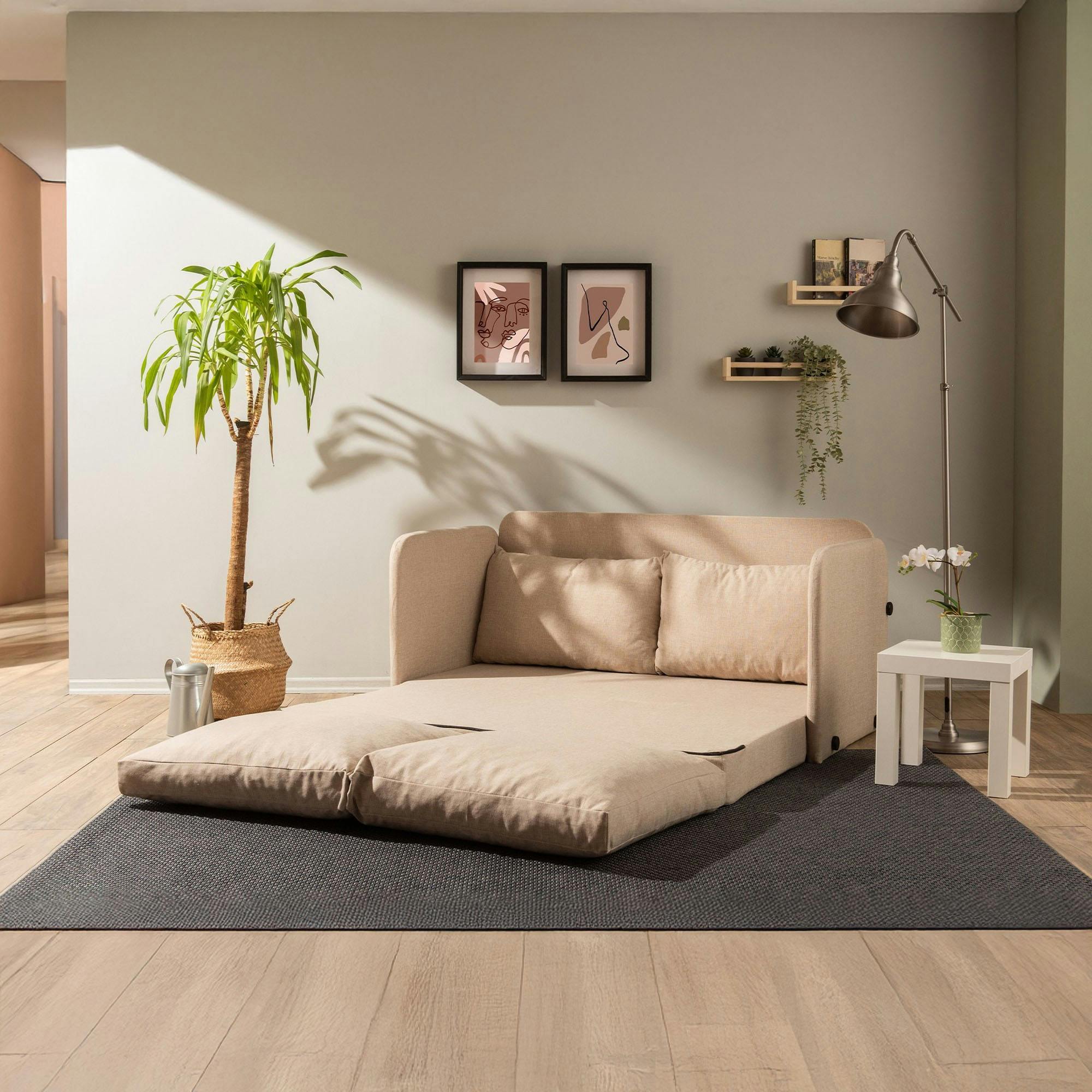 Canapé-lit en lin beige, 2 personnes 140 cm ORURO