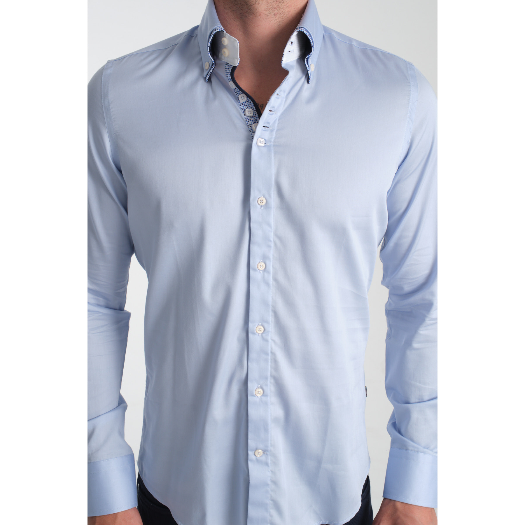 Camicia Uomo 2 Bottoni Button Down 7bottoni Doppio Coll Satin Unito Celeste
