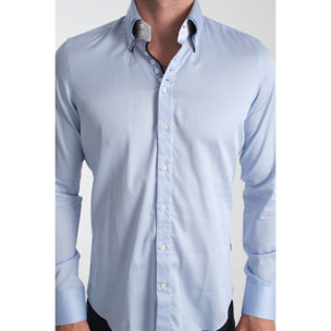 Camicia Uomo 2 Bottoni Button Down 7bottoni Doppio Coll Satin Unito Celeste