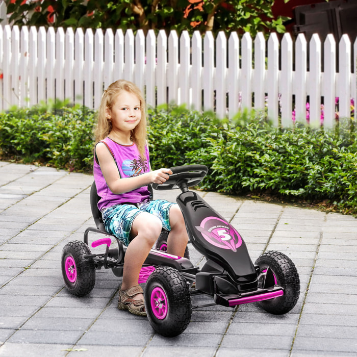 Kart Pedales Coche de Pedales para Niños de 5-12 Años con Asiento Ajustable Neumáticos Inflables Amortiguador y Freno de Mano Carga 50 kg Negro y Rosa