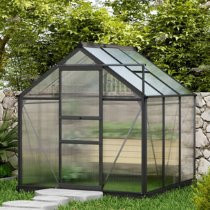 Serre de jardin aluminium polycarbonate 3,65 m² dim. 1,9L x 1,92l x 2,01H m lucarne, porte coulissante + fondation incluse alu. gris polycarbonate transparent