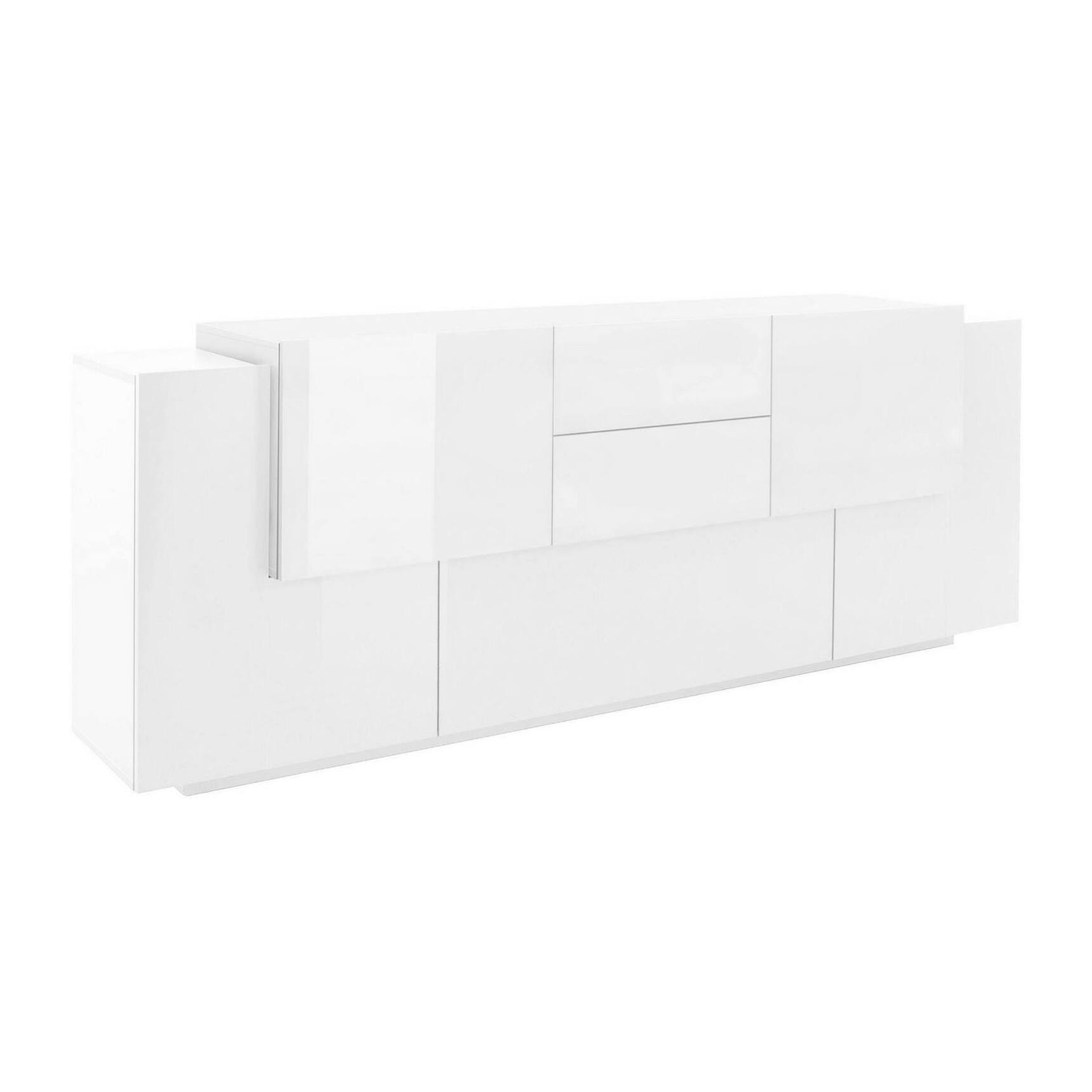 Credenza Cesare, Madia da cucina a 5 ante e 2 cassetti, Buffet da soggiorno, Madia da cucina, 100% Made in Italy, cm 220x45h86, Bianco lucido