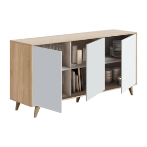 Credenza Arvada, Madia moderna a 3 ante e ripiani, Buffet da cucina, Buffet di design da soggiorno, cm 154x40h75, Rovere e Bianco