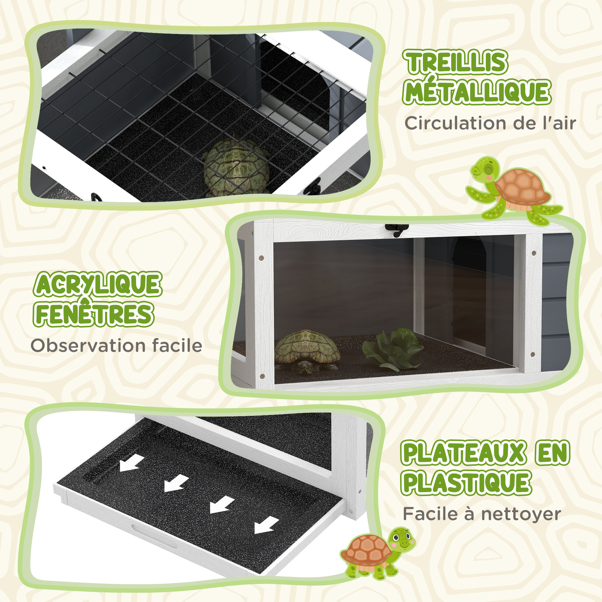 Maison enclos cage pour tortue petit animal avec 2 espaces support lampe réglable bois gris blanc