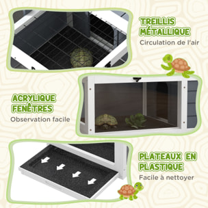 Maison enclos cage pour tortue petit animal avec 2 espaces support lampe réglable bois gris blanc