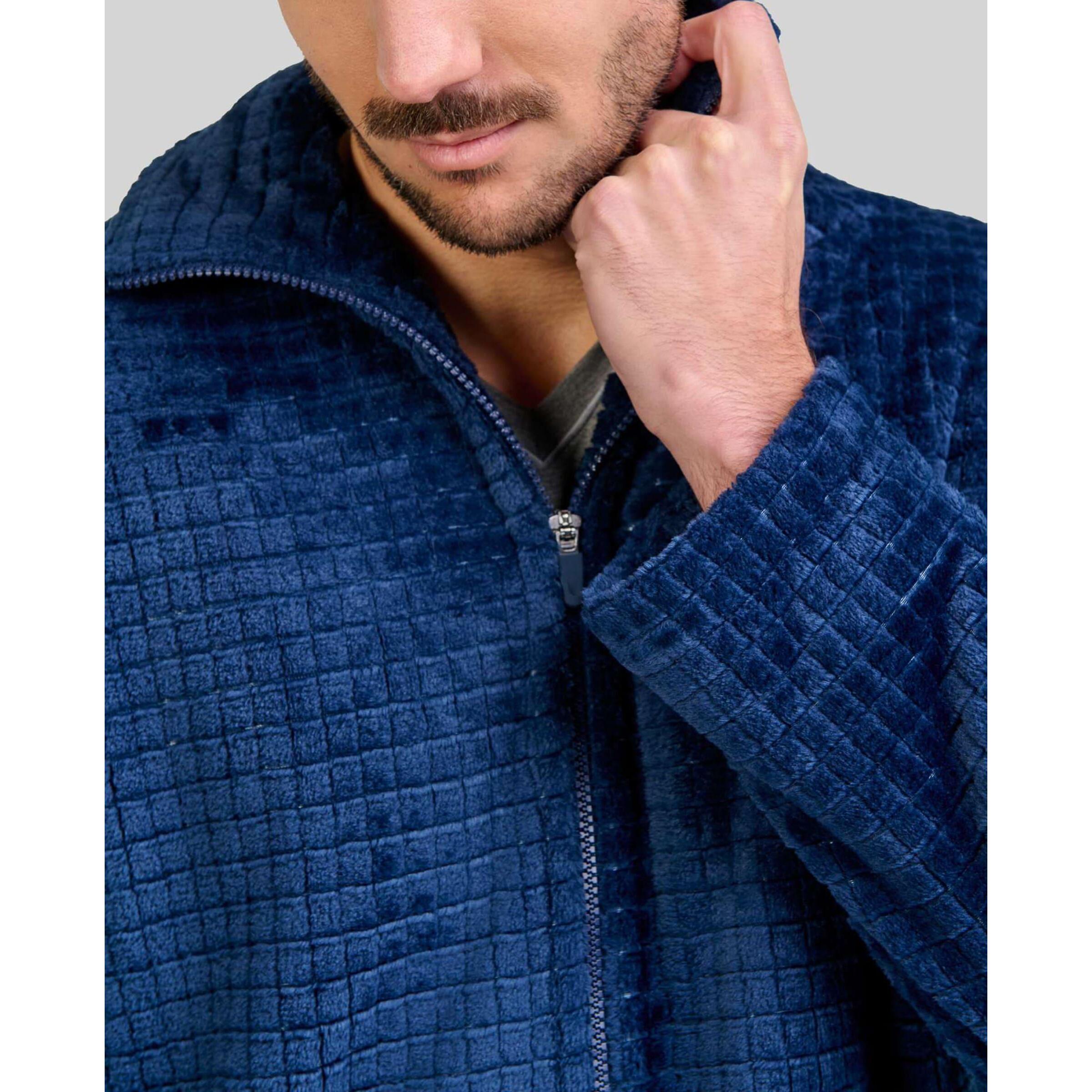 Bata hombre cremallera, Jacquard de cuadros, manga larga, y bolsillos laterales