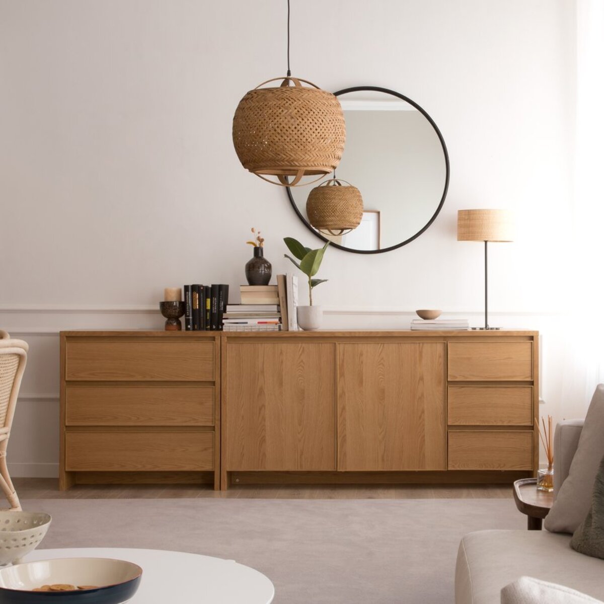 Commode Nairobi -panneau en tôle naturelle et panneau stratifié technique-couleur chêne naturel 80 x 80 x 45 cm