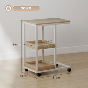 Mesa Auxiliar con Ruedas Mesa Auxiliar para Sofá en Forma de C con 2 Estantes Abiertos, Marco de Acero, para Salón, Dormitorio, 51x33x66 cm, Natural y Blanco