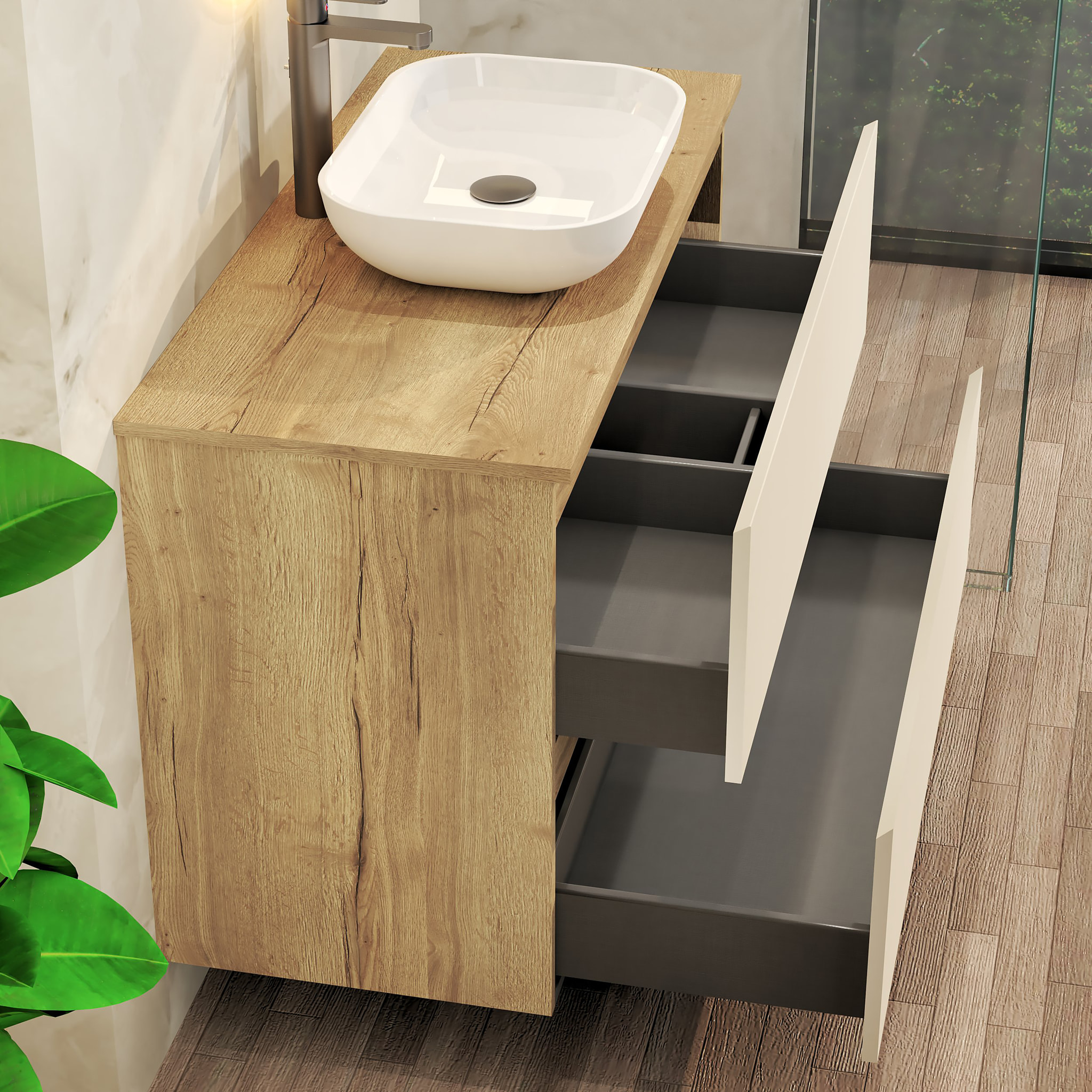 Conjunto de Baño Nia | Mueble Suspendido | 100 cm Glaciar | Dos Cajones | Lavabo Sobrepuesto | No incluye Espejo | Mueble Montado| Alday