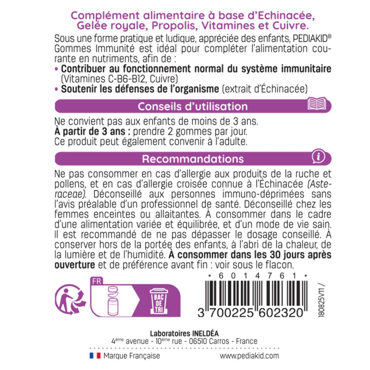 PEDIAKID - Gommes Immunité - Formule Naturelle au Délicieux Arôme de Framboise - Contribue au Fonctionnement Normal du Système Immunitaire - Soutient les Défenses de l'Organisme - 60 gommes