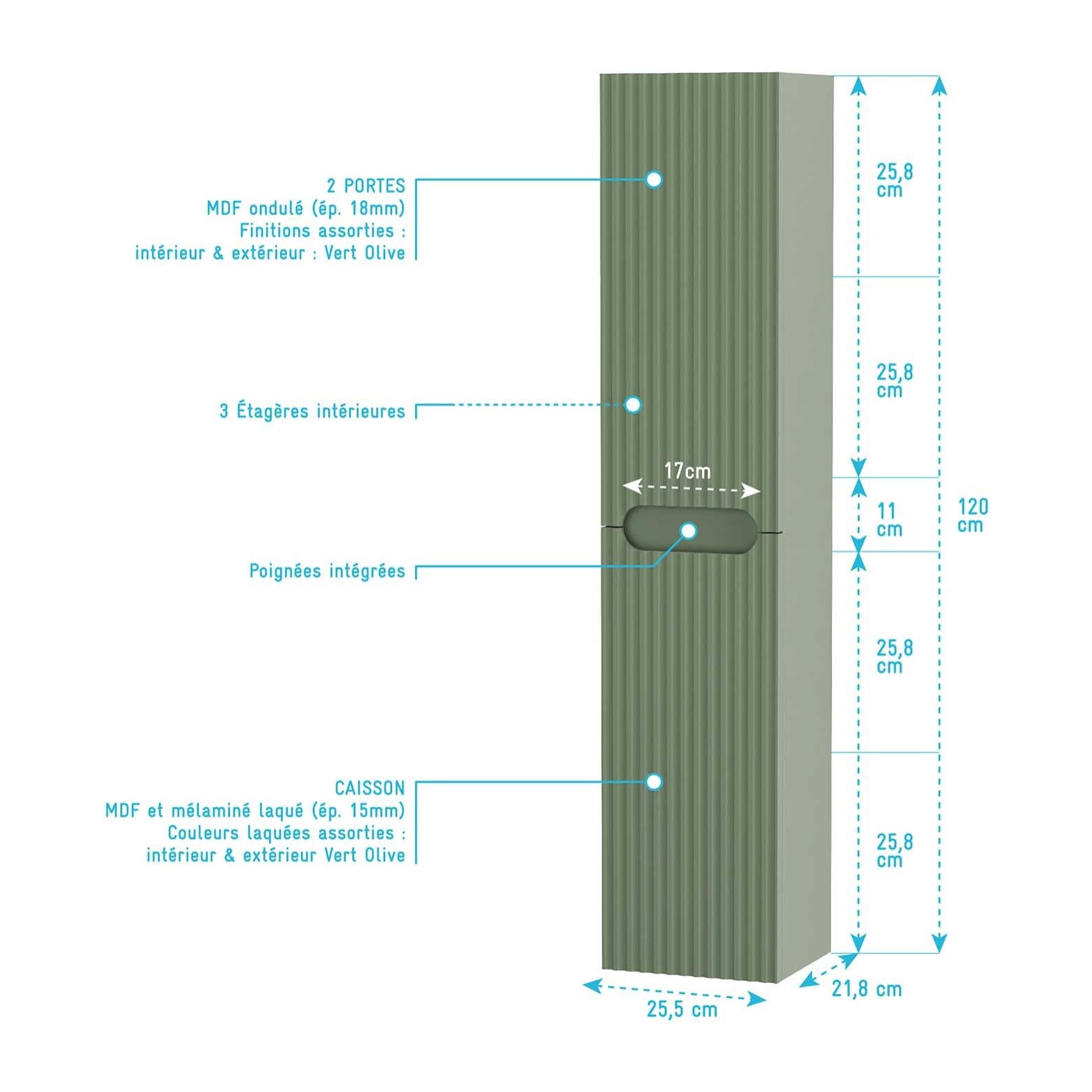 Meuble et colonne de Salle de Bains LEON 80cm Vert Olive - Façades Ondulées - Vasque Ronde 36cm