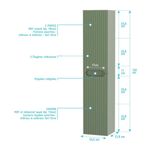 Meuble et colonne de Salle de Bains LEON 80cm Vert Olive - Façades Ondulées - Vasque Ronde 36cm