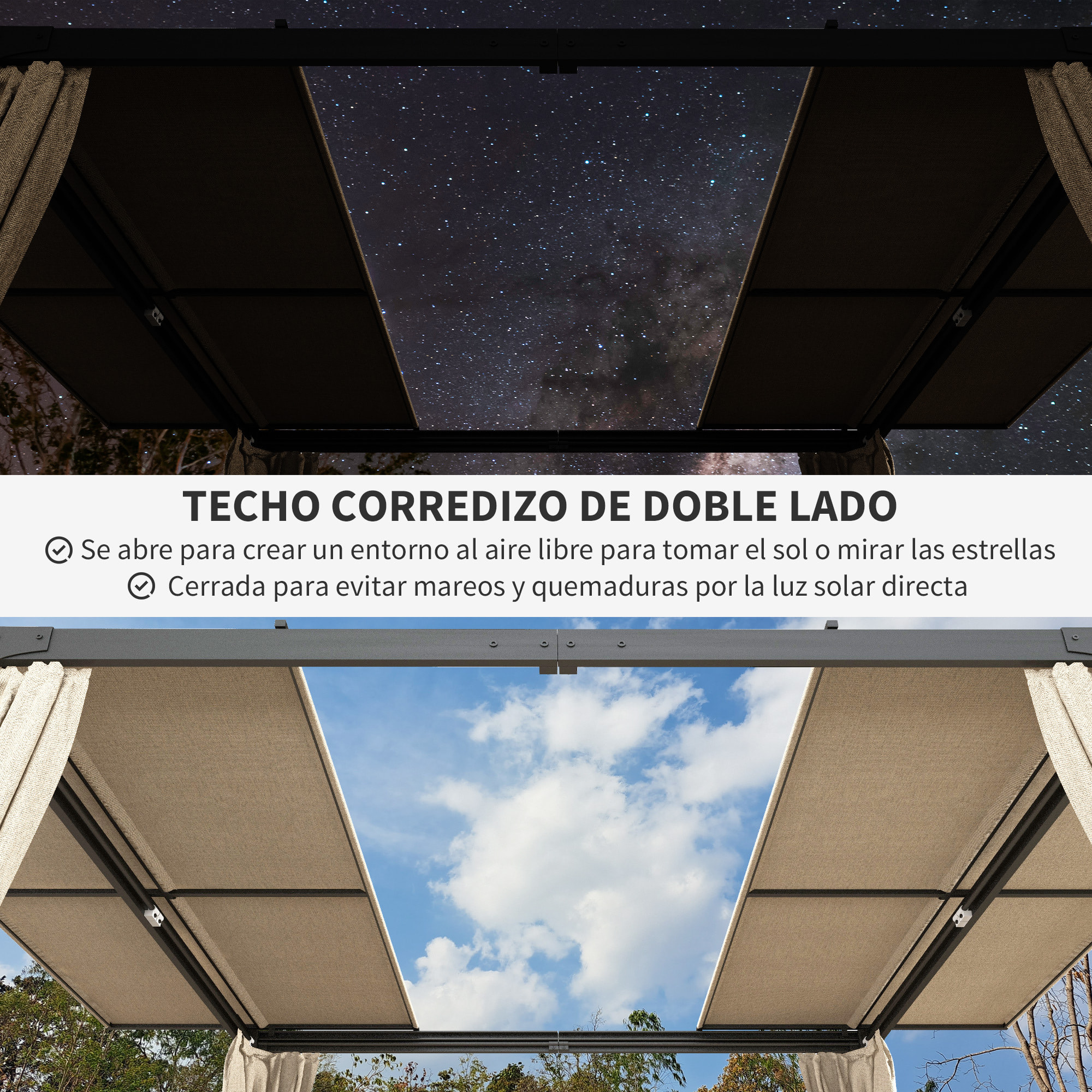 Pérgola de Aluminio 4,2x3 m Cenador de Jardín Gazebo con Techo Corredizo 4 Paredes Laterales y Orificios de Drenaje Pabellón para Patio Terraza Beige y Negro
