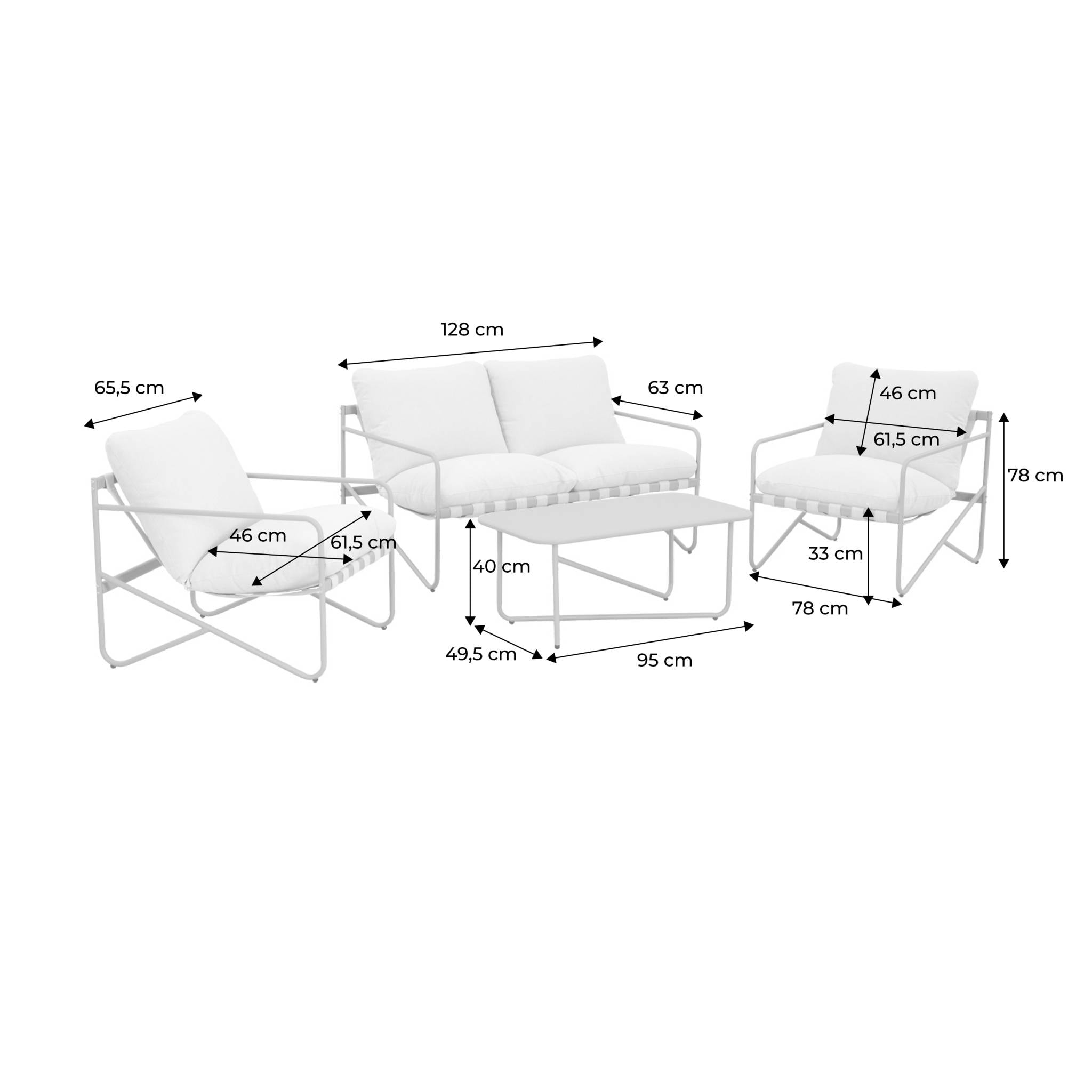 Salon de jardin 4 places avec table en métal. avec des sangles. savane