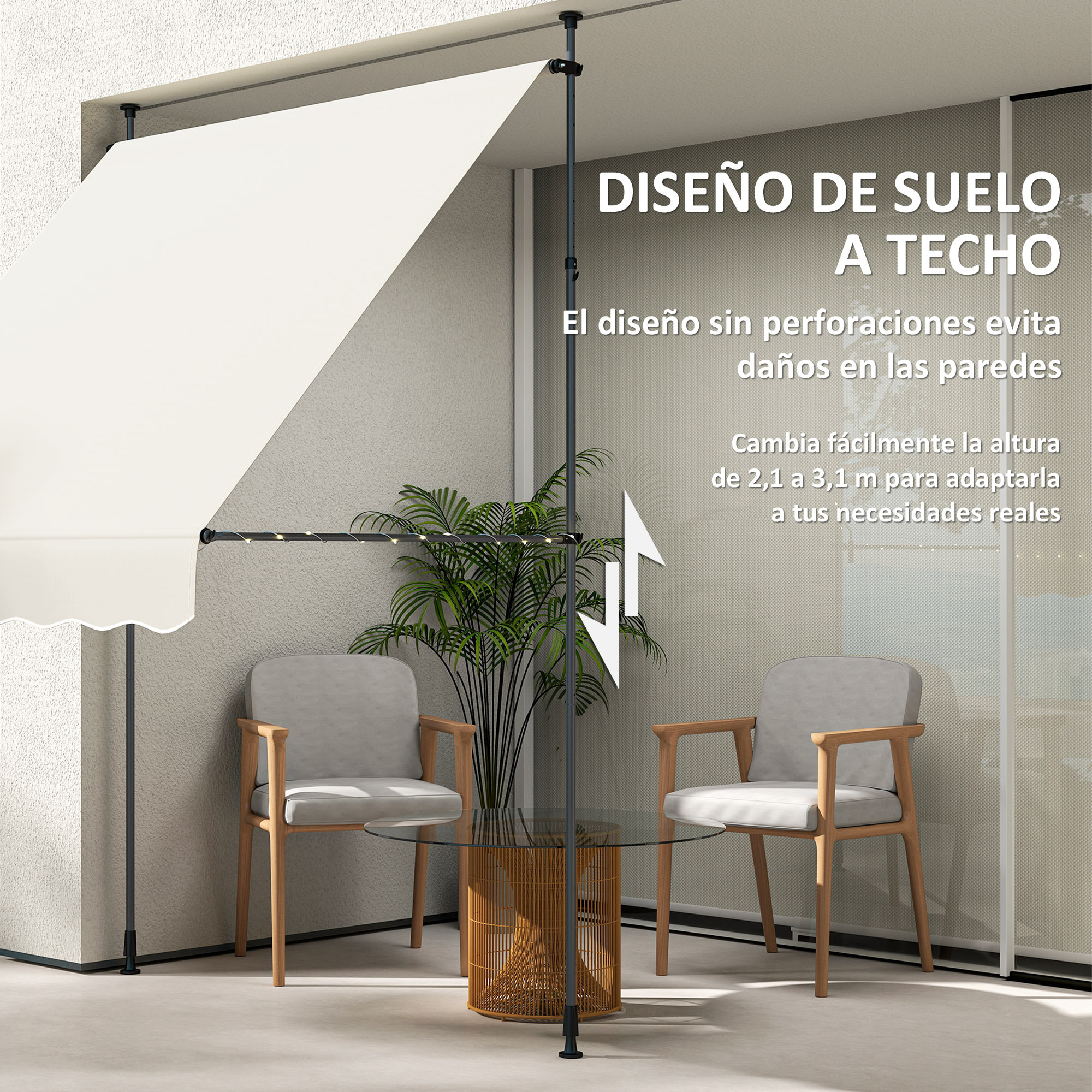 Toldo Manual Retráctil 2x1,2 m Toldo Exterior Terraza Enrollable Altura Ajustable con Manivela 210-310 cm Protección UV30+ Sin Taladro para Jardín Balcón Patio Crema