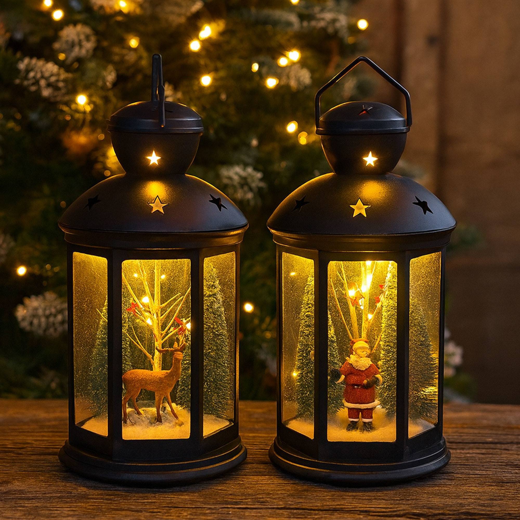 Farol decorativo navideño con escena interior y led blanco cálido 21,5x21,5x43cm