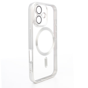 Carcasa transparente con cámara cubierta, bordes plateados, antichoque y antihuellas. Magsafe para iPhone 16.
