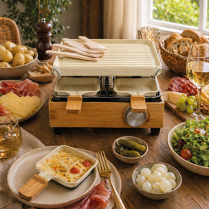 Appareil à raclette 4 personnes en aluminium crème et bambou