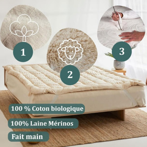 Surmatelas Connemara | Laine Mérinos 100% biologique | Soulage du mal de dos | Matelassé pour plus de confort | thermorégulation