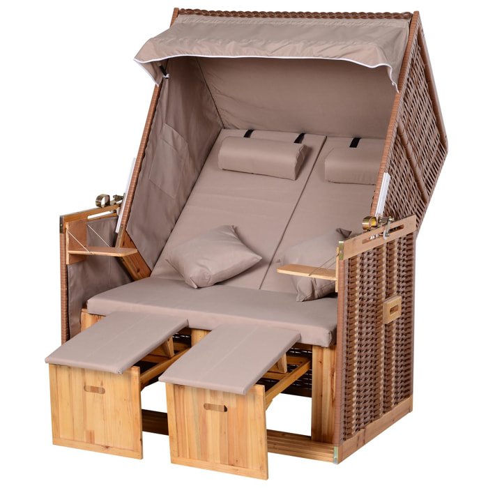 Outsunny Corbeille de plage 2 places pliable - Cabine de plage inclinable - abri plage strandkorb - coussins, repose-pieds, tablettes, pare-soleil - bois résine tressée polyester taupe