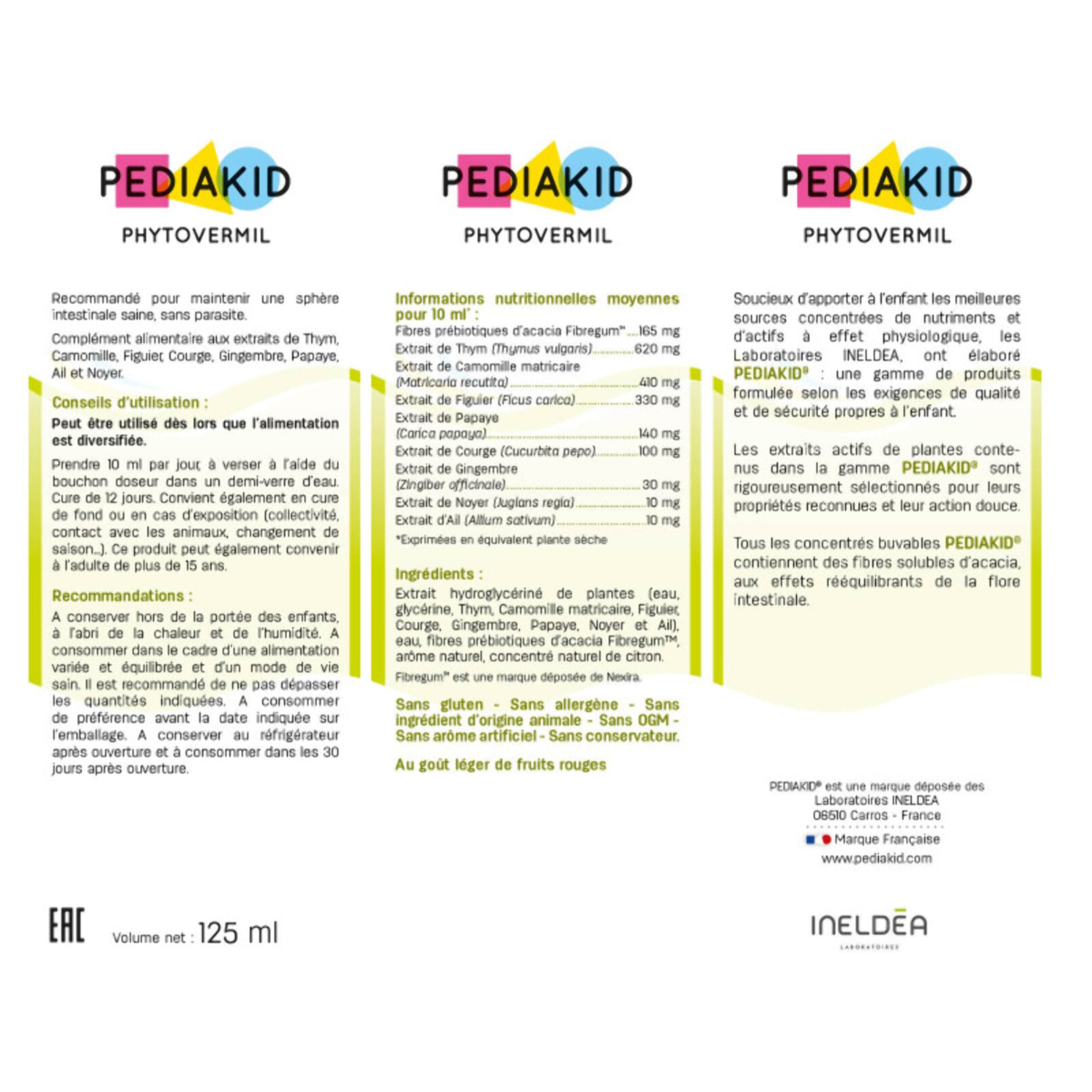 PEDIAKID - Phytovermil - Complément Alimentaire Naturel -Contribue au Maintien d'une Sphère Intestinale Saine - Bouchon Doseur Inclus - Arôme Fruits Rouges - Lot de 3 Flacons de 125 ml