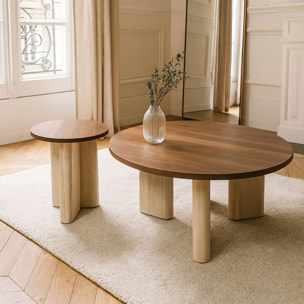 Table basse ronde avec plateau foncé 80cm en effet travertin et noyer AMBER
