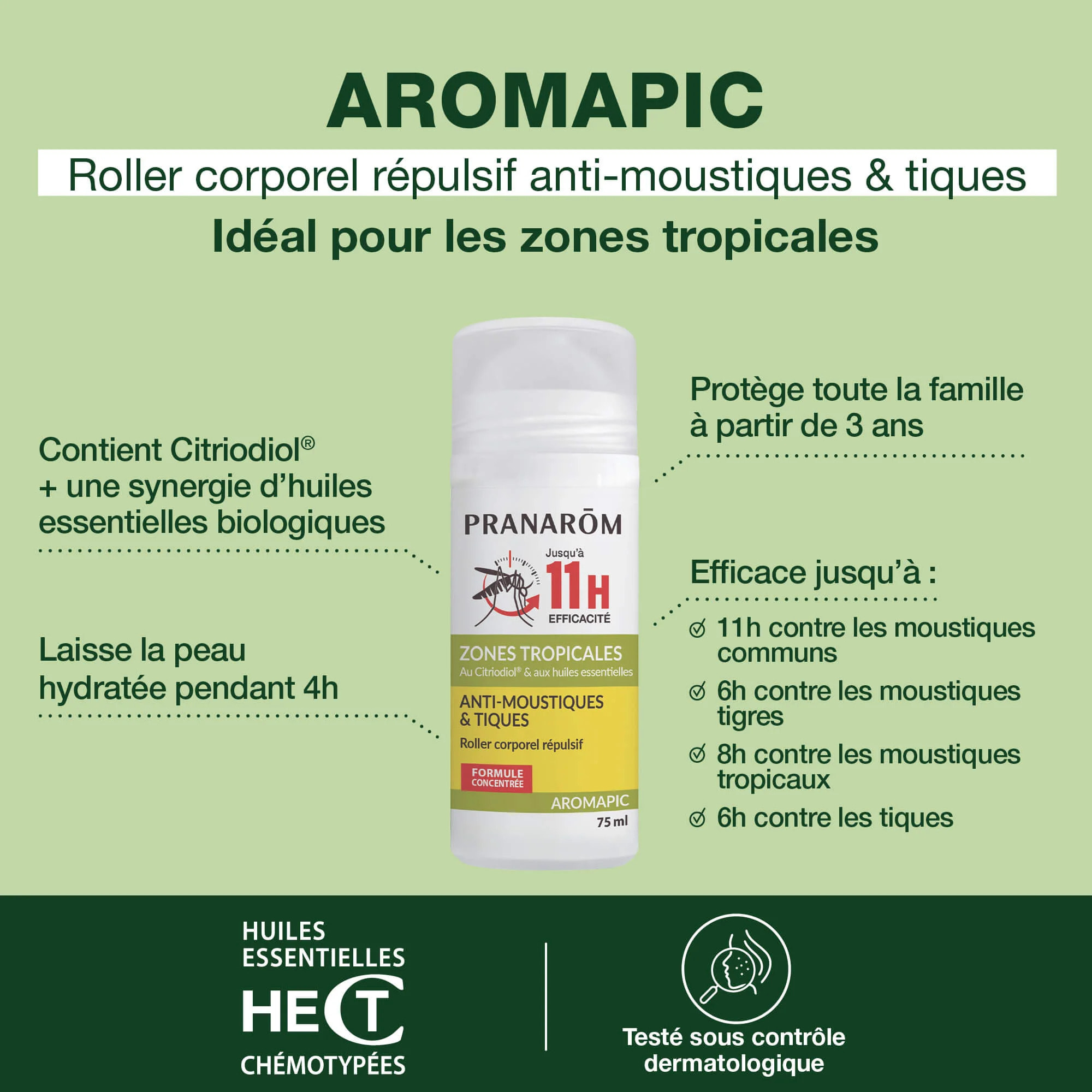 Pranarom - Roller corporel répulsif anti-moustiques & tiques - 75 ml