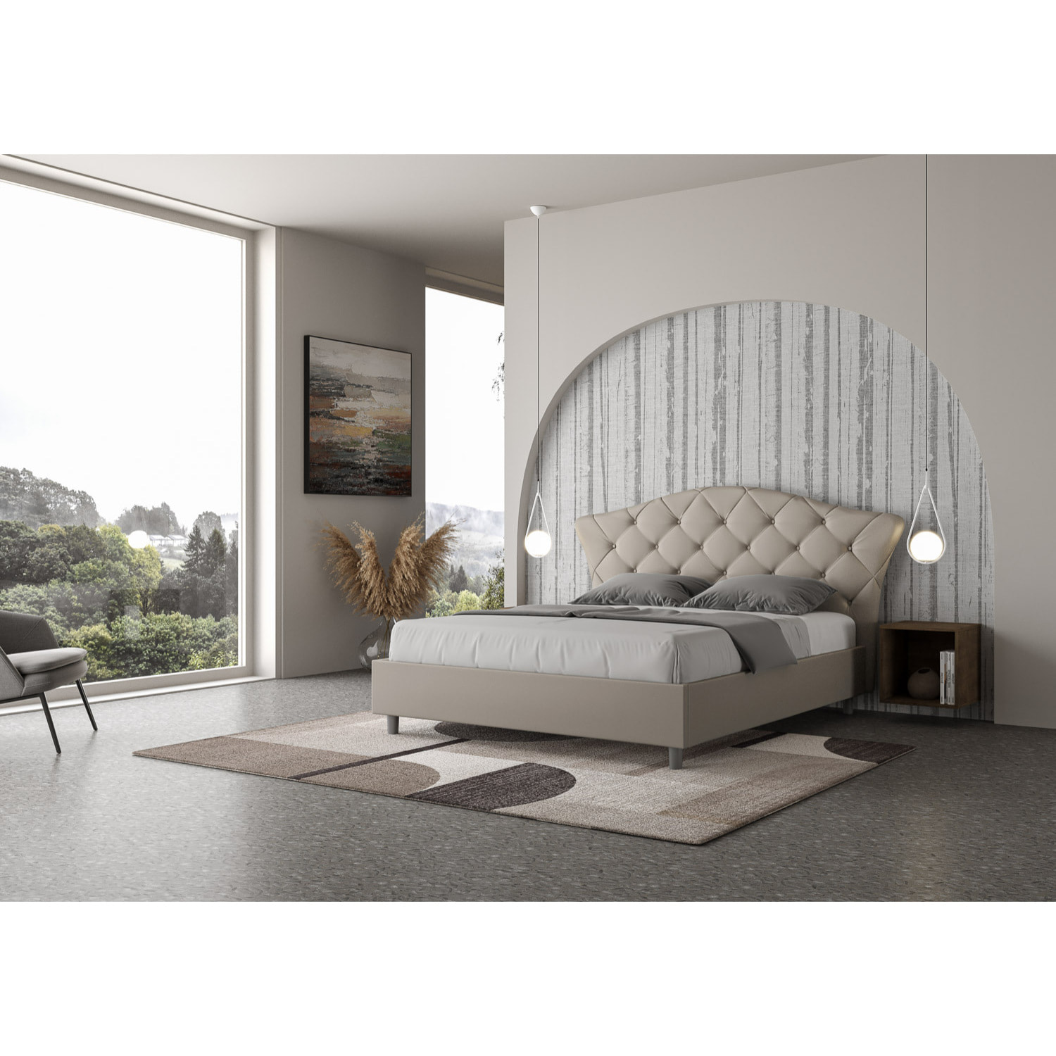 Cama con almacenaje acolchada 160x190 cuero sintético gris paloma Langre